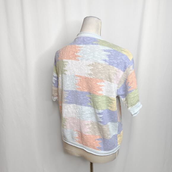 Christopher & Banks Vintage Pastel Patchwork Sweater Short Sleeve Button Up Knit - Picture 9 of 9